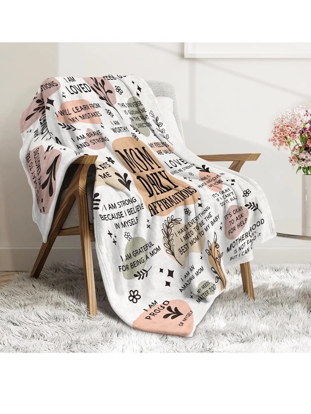 Mom Daily Affirmations Throw Blanket - White, Blush & Tan NWT